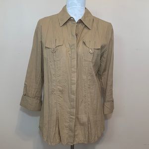 Style &co. 100% Cotton 3/4 Tabbed Sleeves Tan Button Down Shirt